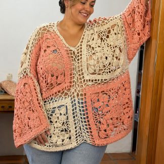 color-block granny square crochet tunic